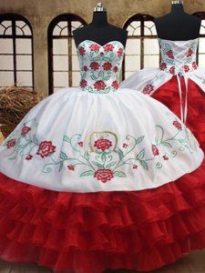 Edgy White and Red Lace Up Sweetheart Embroidery and Ruffled Layers 15 Quinceanera Dress Organza Sleeveless