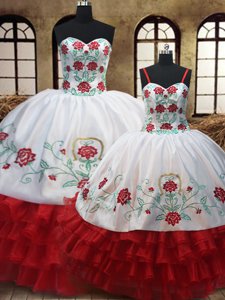 Eye-catching EmbroideryRuffled White And Red Sleeveless Organza Lace Up Sweet 16 Dress for Military Ball and Sweet 16 and Quinceanera