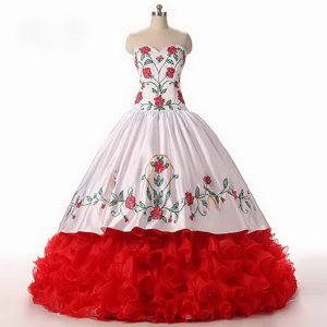 Wonderful White and Red Ball Gowns Organza Sweetheart Sleeveless Embroidery and Ruffled Layers Floor Length Lace Up Vestidos de Quinceanera