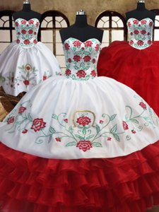 Glittering Three Piece White and Red Sweetheart Neckline Embroidery and Ruffled Layers Sweet 16 Dresses Sleeveless Lace Up