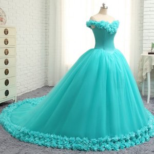 Fashion Off the Shoulder Aqua Blue Cap Sleeves Court Train Hand Made Flower With Train Ball Gown Prom Dress