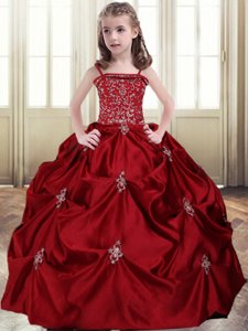 Hot Sale Wine Red Spaghetti Straps Lace Up Beading and Pick Ups Kids Pageant Dress Sleeveless