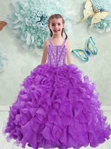 Super Straps Straps Organza Sleeveless Floor Length Little Girls Pageant Dress Wholesale and Beading and Ruffles