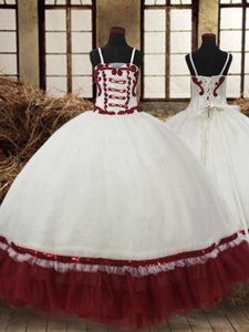 Pretty Ball Gowns Flower Girl Dresses for Less White and Wine Red Straps Satin and Organza Sleeveless Floor Length Lace Up