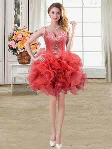 Fine Ball Gowns Party Dress Wholesale Coral Red Straps Organza Sleeveless Mini Length Lace Up