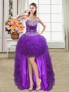 Custom Designed Sleeveless Mini Length Beading and Ruffles Lace Up Teens Party Dress with Eggplant Purple