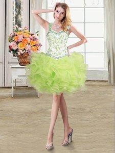 Flirting Straps Straps Floor Length Yellow Green Party Dress for Toddlers Organza Sleeveless Beading and Ruffles