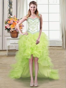 Custom Made Straps Straps Yellow Green Sleeveless Beading and Ruffles High Low Cocktail Dresses