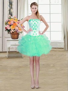 Custom Fit Mini Length Turquoise Club Wear Tulle Sleeveless Beading and Appliques and Ruffles