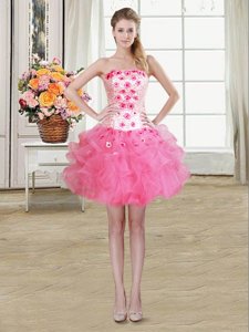 Hot Sale Strapless Sleeveless Tulle Party Dress Beading and Appliques and Ruffles Lace Up