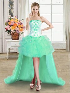 Shining Sleeveless Tulle High Low Lace Up Party Dress for Toddlers in Turquoise for with Beading and Appliques and Ruffles