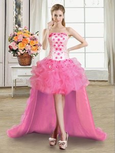 Captivating Rose Pink Lace Up Club Wear Beading and Appliques and Ruffles Sleeveless High Low