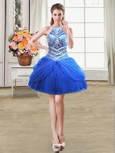 Best Selling Halter Top Royal Blue Sleeveless Beading and Pick Ups Mini Length Cocktail Dress