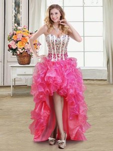 Glorious High Low Lace Up Party Dress Wholesale Hot Pink and In for Prom and Party with Beading and Ruffles