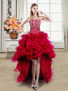 Vintage Red Lace Up Cocktail Dresses Beading and Ruffles Sleeveless High Low