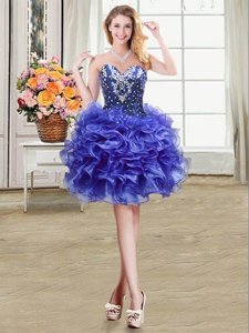 Glittering Royal Blue Organza Lace Up Sweetheart Sleeveless Mini Length Homecoming Dresses Beading and Ruffles