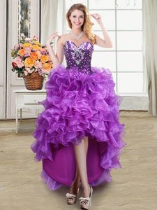 Stunning Eggplant Purple Organza Lace Up Sweetheart Sleeveless High Low Cocktail Dresses Beading and Ruffles