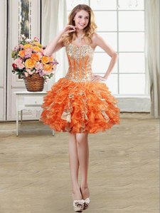 Delicate Sleeveless Mini Length Beading and Ruffles and Sequins Lace Up Casual Dresses with Orange