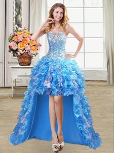 Flare High Low Lace Up Homecoming Dress Online Baby Blue and In for Prom and Party with Beading and Ruffles and Sequins