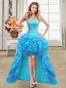Clearance Aqua Blue Organza Lace Up Sweetheart Sleeveless High Low Celebrity Style Dress Beading and Ruffles