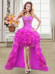 Ball Gowns Pageant Dress for Girls Fuchsia Sweetheart Organza Sleeveless High Low Lace Up