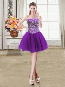 Dazzling Purple Ball Gowns Tulle Sweetheart Sleeveless Beading Mini Length Lace Up Cocktail Dresses