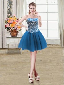 Low Price Sweetheart Sleeveless Cocktail Dress Mini Length Beading Teal Tulle