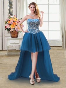 Glittering Teal Ball Gowns Tulle Sweetheart Sleeveless Beading High Low Lace Up Club Wear