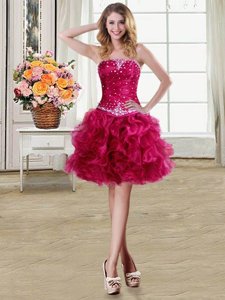 Pretty Fuchsia Ball Gowns Beading and Ruffles Cocktail Dress Lace Up Organza Sleeveless Mini Length
