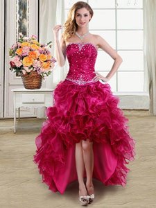 Charming Fuchsia Organza Lace Up Strapless Sleeveless High Low Club Wear Beading and Ruffles