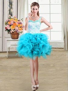 Fashionable Straps Sleeveless Lace Up Casual Dresses Baby Blue Organza