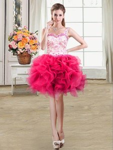 Dynamic Hot Pink Straps Neckline Beading and Lace and Ruffles Cocktail Dresses Sleeveless Lace Up
