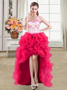 Traditional Straps Straps Hot Pink Sleeveless Organza Lace Up Pageant Dress for Girls for Prom and Party