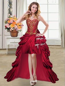 Sumptuous Wine Red Sleeveless Beading and Appliques and Pick Ups High Low Celebrity Style Dress