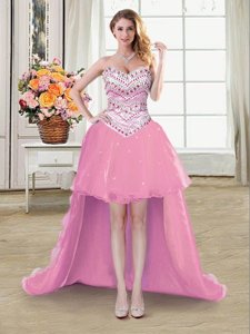 Elegant High Low A-line Sleeveless Rose Pink Cocktail Dresses Lace Up