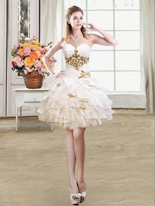 Fashionable White Sleeveless Mini Length Beading and Ruffles Lace Up Party Dress for Girls