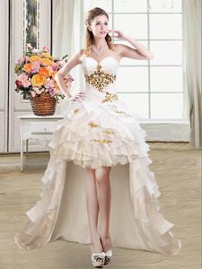 Custom Fit Sweetheart Sleeveless Cocktail Dress High Low Beading and Ruffles White Organza