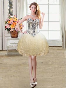 Beautiful Mini Length Champagne Prom Dress Tulle and Lace Sleeveless Beading and Lace
