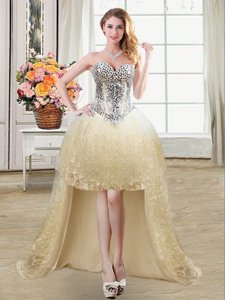 Low Price Tulle and Lace Sleeveless High Low Prom Dress and Beading and Lace