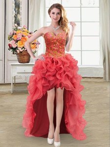 Wonderful Coral Red Glitz Pageant Dress Prom and Party and For with Beading and Ruffles Sweetheart Sleeveless Lace Up