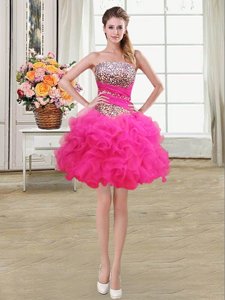 Hot Pink Ball Gowns Strapless Sleeveless Organza Mini Length Lace Up Beading and Ruffles and Ruffled Layers and Sequins Club Wear