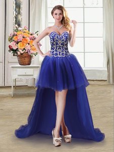 Custom Fit Sweetheart Sleeveless Prom Dresses High Low Beading and Sequins Royal Blue Tulle