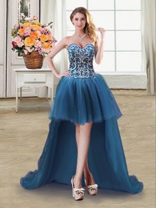Customized Sequins Teal Sleeveless Tulle Lace Up Dress for Prom for Prom and Party