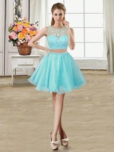 Scoop Mini Length Zipper Homecoming Dresses Aqua Blue and In for Prom and Party with Beading
