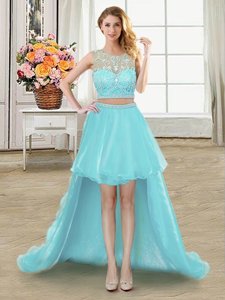 Fantastic Aqua Blue Zipper Scoop Beading Party Dress for Toddlers Tulle Sleeveless