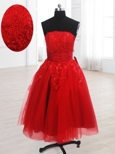 Eye-catching Strapless Sleeveless Lace Up Dress for Prom Red Organza
