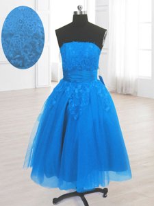 Nice Royal Blue Winning Pageant Gowns Prom and Party and For with Embroidery Strapless Sleeveless Lace Up