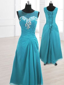 Beauteous Teal A-line Scoop Sleeveless Chiffon Floor Length Lace Up Beading and Ruching Evening Party Dresses