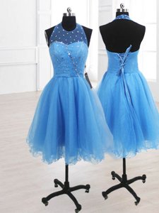 Popular Sequins Dress for Prom Baby Blue Lace Up Sleeveless Knee Length