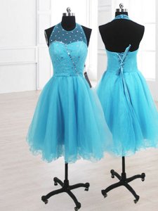 Fitting Sleeveless Organza Knee Length Lace Up Prom Dresses in Baby Blue for with Ruffles